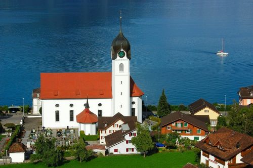 Ežero Lucerne Regionas, Bažnyčia, Šveicarija, Mėlynas, Ežeras