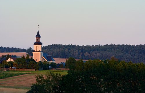 Kraštovaizdis,  Tiuringija Vokietija,  Kaimas Bažnyčia,  Vakaras