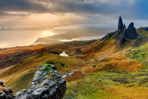 Kraštovaizdis, Škotija, Isle Of Skye, Senas Vyras Storr, Rytas, Saulėtekis, Gamta, Aukštumų Ir Salų, Kalnas, Debesys, Jungtinė Karalystė, Dangus, Rokas, Highlands, Nuotaika, Kalnai, Hdr, Tolimas Vaizdas