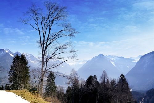 Kraštovaizdis, Gamta, Kalnai, Kalnų Viršūnės, Perspektyva, Medžiai, Dangus, Debesys, Sniegas, Vorarlbergas