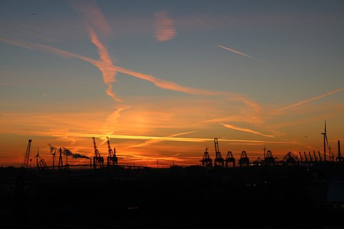 Kraštovaizdžio Formatas,  Hamburg,  Uosto,  Kranai,  Vakare,  Saulėlydžio,  Skyline