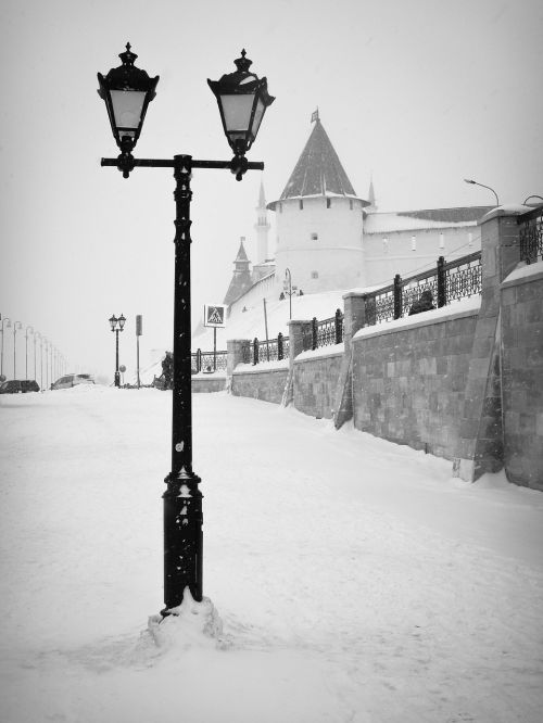Žibintas, Gatvė, Kremlius, Kazan, Žiema, Sniegas, Siena