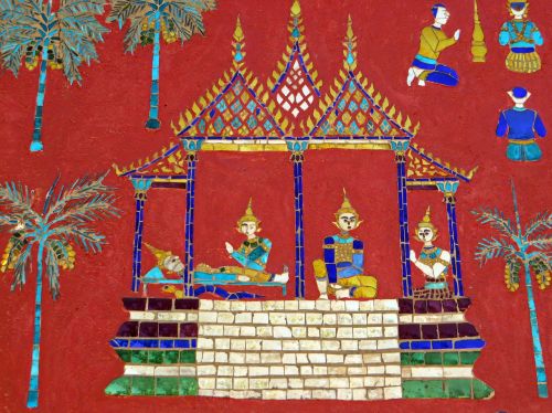 Laosas, Luang Prabang, Vat Sen Soukharam, Mozaika, Fjeras, Personažai, Istorijos, Šventykla