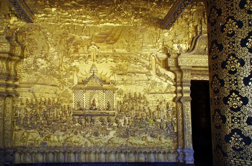 Laosas, Luang Prabang, Šventykla, Portalas, Stulpeliai, Apdaila, Doré, Bareljefai, Religija, Budizmas