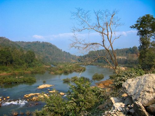 Laosas, Luang Prabang, Upė, Vanduo, Kalnai, Kasterberge, Gamta, Kraštovaizdis, Mėlynas, Idiliškas