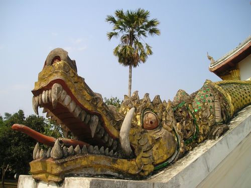 Laosas, Į Pietryčius, Asija, Taip, Krokodilas, Drakonas, Šventykla, Ornamentas, Auksas