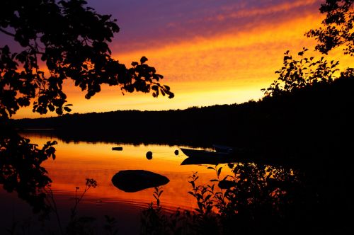 Linda, Ežeras, Smaland, Švedija, Waldsee, Valtys, Saulėlydis, Abendstimmung