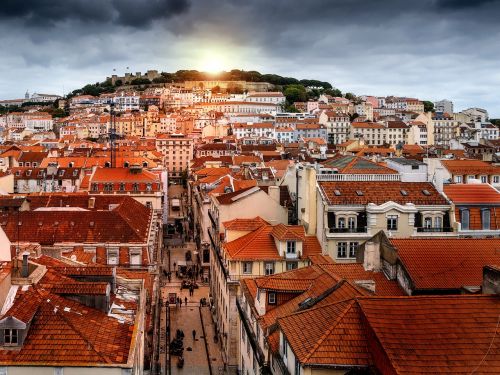 Lisbonas, Retušavimas, Saulėlydis, Audra, Miestas, Portugal, Horizontas, Kraštovaizdis, Miesto