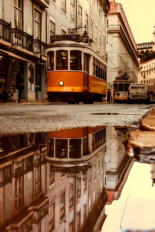 Lisbonas, Portugal, Vežimėlis, Tramvajus, Kelionė, Gabenimas, Miestas, Miesto, Senas, Vintage, Apmąstymai, Vandens Pudelė, Miesto Panorama