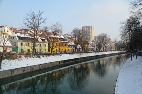 Ljubljana, Slovenia, Sniegas, Žiema, Miestas, Kraštovaizdis, Kanalas, Atspindys