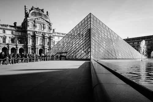 Lova, Piramidė, Stiklo Piramidė, Pastatas, Architektūra, France, Fasadas, Paris, Juoda Ir Balta