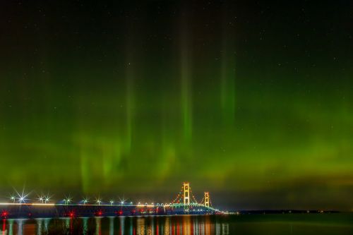Mackinac Tiltas, Šiaurės Pašvaistė, Michiganas, Žibintai, Aurora Borealis, Turizmas, Vaizdingas, Naktis
