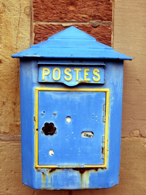 Pašto Dėžutę, Senas, Mėlynas, France, Alsace, Pašto Dėžutės, Nostalgija, Raidės, Vintage, Nerūdijantis, Pranešimas, Metalas, Ištemptas, Rusted