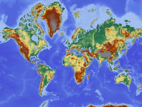 Žemėlapis, Pasaulio Žemėlapis, Reljefo Žemėlapis, Žemė, Žemynai, Pasaulis, Visuotinis, Visame Pasaulyje, Šalis, Tarptautinis, Amerkija, Pietų Amerika, Afrika, Europa, Asija, Šiaurės Amerika, Kartografija, Mercatoriaus Projekcija, Projekcija, Gerhard Mercator, Cilindrinė Projekcija, Spalvinga, Spalva, Dažymas, Didelis Reljefas, Aukštumos Žemėlapis, Aukščio Profilis, Atspalvis, Topografija, Didelio Reljefo Žemėlapis, Aukščio Struktūra, Trimatis, Funkcija, Plastmasinis, Palengvėjimas