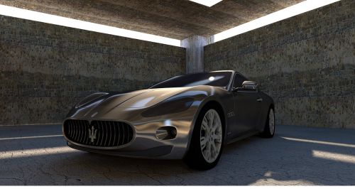 Maserati, Maserati Gt, Vienspalvis, Sidabras, Automatinis, Automobilis, Kontūras, Metalinis, Saulės Atspindžiai, Šešėlis, Salė, Betono Siena, 3D, 3D Modelis, Kompiuterinė Grafika, Mašina, 3D Vizualizacija, Atvaizdavimas, Baigti, Dizainas, Pininfarina