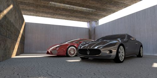 Maserati Gt, Maserati, Lamborghini, Gallardo, Lp-560, Lamborghini Gallardo, Sportinė Mašina, Automobiliai, Automobilis, Kontūras, Metalinis, Saulės Atspindžiai, Šešėlis, Salė, Betono Siena, Vienspalvis, 3D, 3D Modelis, Kompiuterinė Grafika, Mašina, 3D Vizualizacija, Atvaizdavimas, Baigti