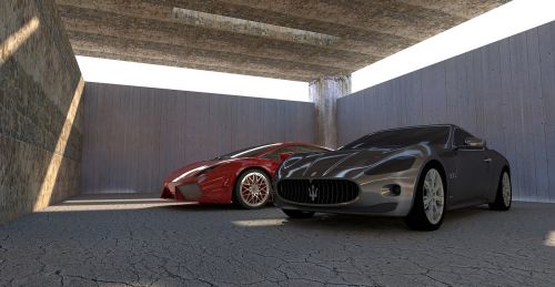 Maserati Gt, Maserati, Lamborghini, Gallardo, Lp-560, Lamborghini Gallardo, Sportinė Mašina, Automobiliai, Automobilis, Kontūras, Metalinis, Saulės Atspindžiai, Šešėlis, Salė, Betono Siena, Vienspalvis, 3D, 3D Modelis, Kompiuterinė Grafika, Mašina, 3D Vizualizacija, Atvaizdavimas, Baigti