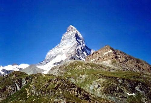 Matterhorn, Zermatt, Kalnai, Alpių, Šveicarija, Sniegas, Valais, Kalnas, Kraštovaizdis, Saulėtas, Akmuo, Mėlynas, Dangus