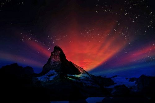 Matterhorn, Swiss, Fantazija, Kraštovaizdis, Naktis, Aurora, Žvaigždės, Dangus, Tamsi, Žėrintis, Sirrealis, Kalnas, Mistinis, Svajonė, Alpės