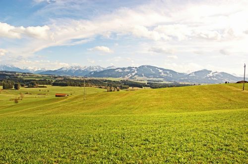 Pieva, Alpių, Kalnai, Kraštovaizdis, Gamta, Allgäu, Miškas, Allgäu Alpės, Karvės, Bavarija, Debesys, Pavasaris, Žolės, Ganykla, Perspektyva