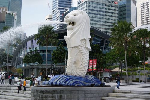 Merliono Statula, Singapūras, Architektūra, Simbolis, Fontanas, Liūto Galvą, Žuvies Kūnas, Miesto Panorama, Lauke, Žinomas