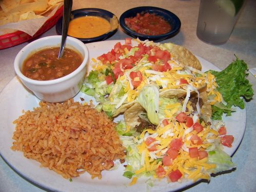 Meksikietiškas Maistas, Meksikietiška Plokštė, Tacos, Pupos, Ryžiai, Salsa, Ispanų Ryžiai, Taco Plokštė