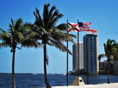 Miami, Florida, Vėliavos, Usa, Architektūra, Dangus, Dangoraižis, Florida Vėliava, Promenada, Tipiškas Miami, Brickell Raktas, Miami Bayfront Parkas