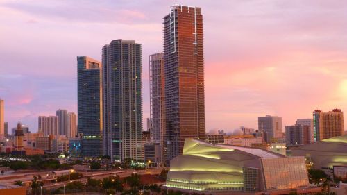 Miami, Panorama, Pastatas, Abendstimmung, Saulėlydis, Dangoraižis