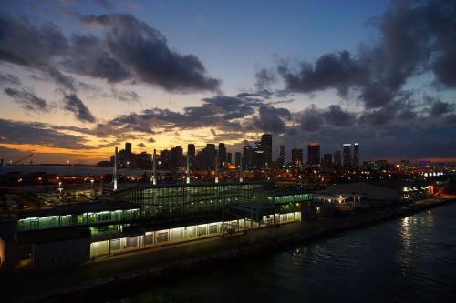 Miami, Usa, Florida, Panorama, Uostas, Twilight