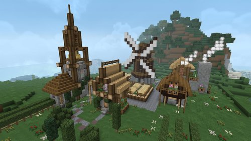 Minecraft,  Kaimas,  Kraštovaizdis,  Bažnyčia,  Windmill,  Kalnų,  Nemokama Iliustracijos
