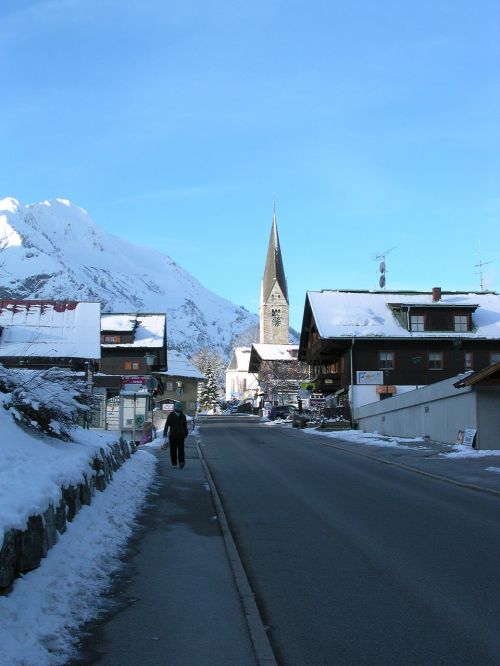 Mittelberg, Kleinwalsertal, Austria, Kaimo Gatvė, Bažnyčia, Morgenstimmung, Žiema, Sniegas