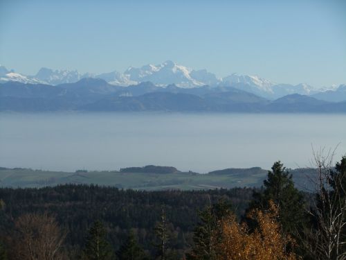Mont Blanc, Ežero Geneva, Kalnai, Alpių, Ruduo, Sniegas, Rūkas, Kalnų Peizažas, Saulėlydis, Šveicarija, Geras Vaizdas