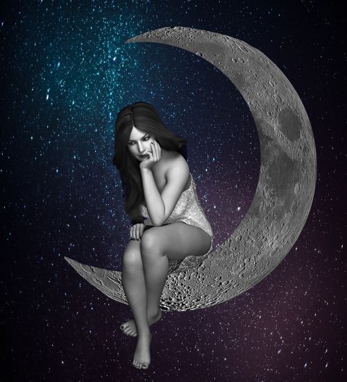 Mėnulis, Pusmėnulio Mėnulis, Mergaitė, Liūdnas, Erdvė, Fantazija