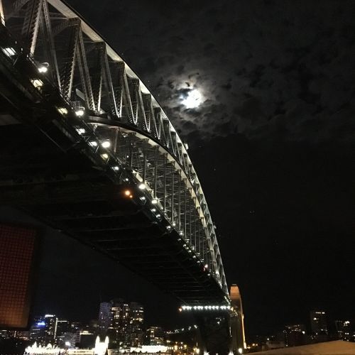 Mėnulis, Sidnėjaus Uosto Tiltas, Panorama, Miesto Panorama, Sidnėjus, Tiltas, Naktis, Kelionė, Sydney Skyline, Architektūra, Turizmas, Debesys, Atostogos, Šventė
