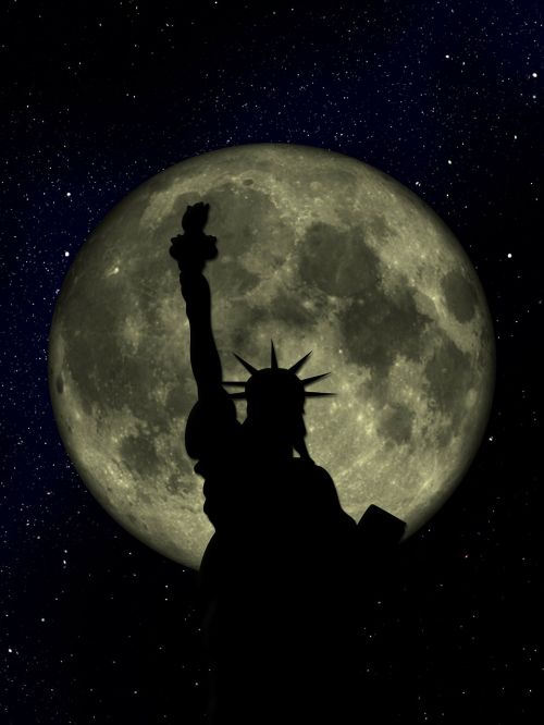 Mėnulis, Pilnas, Dangus, Naktinis Dangus, Visi, Visata, Žvaigždėtas Dangus, Erdvė, Laisvės Statula, Paminklas, Manhatanas, Statula, Niujorkas, Ny, Nyc, Niujorkas, Miestas, Laisvė, Jungtinės Valstijos, Usa