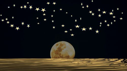 Mėnulis,  Pilnas,  Pakilimas,  Vanduo,  Atspindys,  Dangus,  Žvaigždės,  Mėnulis Ir Žvaigždės Su Vidurnakčio Dangaus