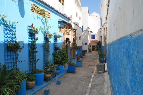 Marokas, Orientuotis, Rabatas, Medina, Alėja, Mėlynas, Namo Fasadas, Senamiestis, Architektūra, Namai, Eng, Praėjimas, Romantiškas, Puodai, Gėlių Vazonai