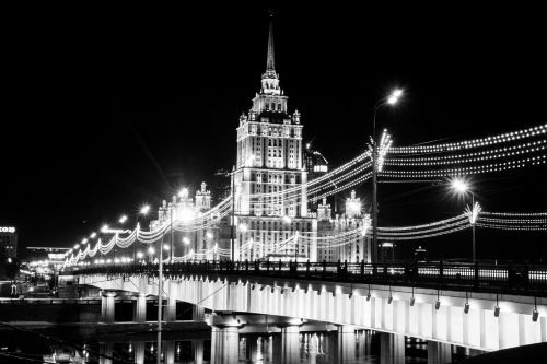 Moscow, Miestas, Dangoraižiai, Septynios Seserys, Tiltas, Naktinis Miestas, Naktiniai Žiburiai, Upė, Kraštovaizdis