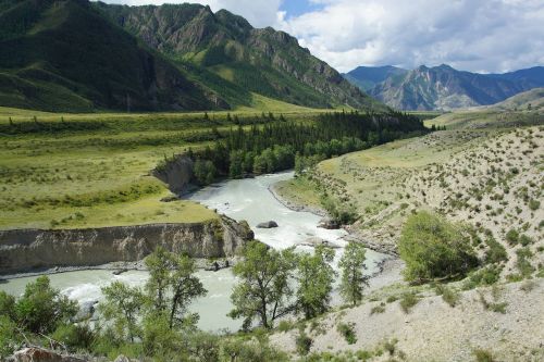 Kalnų Altai, Upė, Kraštovaizdis, Gamta, Upės Krantas, Vasara, Dangus, Siberija