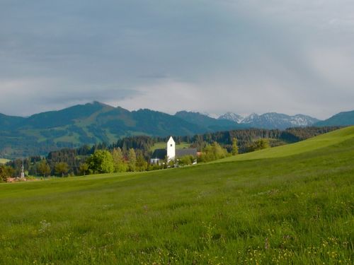Kalnų Panorama, Bažnyčia, Mittelberg, Oy Mittelberg, Allgäu, Kalnų Pieva