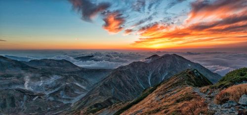 Kalnuotas Kraštovaizdis, Saulėlydis, Ruduo, Vulkaninis Srautas, Tatejama, Šiaurės Alpės, Nacionalinis Parkas, Japonija