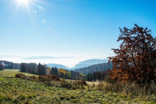 Kalnai, Ruduo, Panorama, Kraštovaizdis, Beskidai, Dangus, Vaizdas, Gamta, Pieva, Šventė, Saulė, Mėlynas