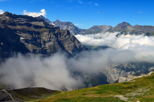 Kalnai, Kraštovaizdis, Alpių, Debesys, Perspektyva, Rokas, Pieva, Šveicarija