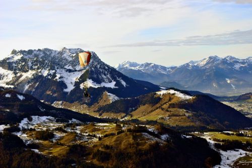 Kalnai, Austria, Kössen, Slėnis, Kraštovaizdis, Paragleris, Žiemos Sportas