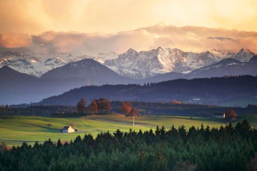 Kalnai, Alpių, Kraštovaizdis, Gamta, Sniegas, Kalnų Peizažas, Abendstimmung, Miškas, Pranešta, Saulės Šviesa