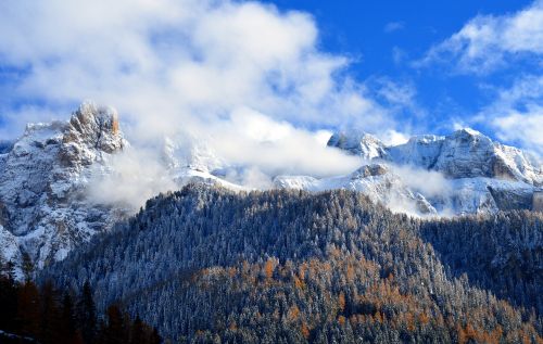 Kalnai, Alpių, Gamta, Dolomitai, Aukšti Kalnai, Nuotaika, Kalnų Viršūnės, Dangus, South Tyrol, Italy, Sella Grupė, Debesys, Mėlynas, Sniegas, Žiemos Sprogimas, Balta, Šaltas, Mėlynas Dangus, Gražus, Bergwelt Südtirol, Panorama