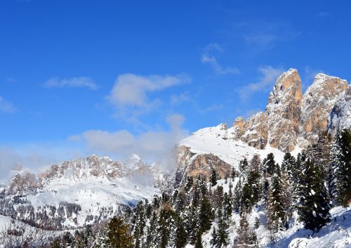 Kalnai, Alpių, Gamta, Dolomitai, Aukšti Kalnai, Nuotaika, Kalnų Viršūnės, Dangus, South Tyrol, Italy, Sella Grupė, Debesys, Mėlynas, Sniegas, Žiemos Sprogimas, Balta, Šaltas, Mėlynas Dangus, Gražus, Bergwelt Südtirol, Panorama