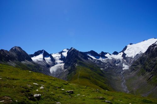 Kalnai, Alpių, Austria, Dangus, Mėlynas, Kalnų Pievos, Ledas, Sniegas, Ledynas