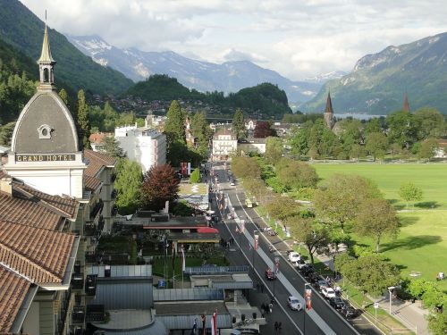 Kalnai, Kraštovaizdis, Miesto Panorama, Gatvė, Interlaken, Šveicarija, Europa