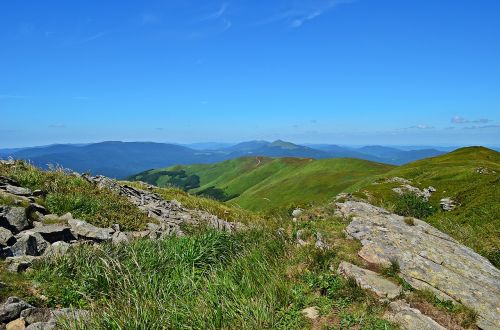 Kalnai, Kraštovaizdis, Gamta, Viršūnės, Dangus, Vaizdas Iš Viršaus, Vaizdas, Lenkija, Žalias, Kelionė, Turizmas, Augmenija, Vasara, Žolė, Pieva, Mėlynas, Takas, Miškas, Spalvos, Lapija, Mėlynas Dangus, Ramybė, Spalvinga, Atostogos, Horizontas, Bieszczady, Panorama, Šventė, Tyla, Saulėtas, Metų Laikas, Saulė, Akmenys, Rokas, Akmenys